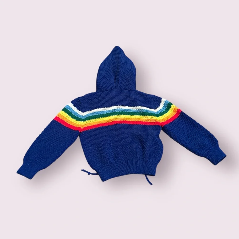 Vintage Baby Blue Rainbow Colorful Hooded Knit Cardigan Sweater Sz 18 Mon